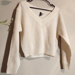 H&M White V-Neck Sweater, chunky knit